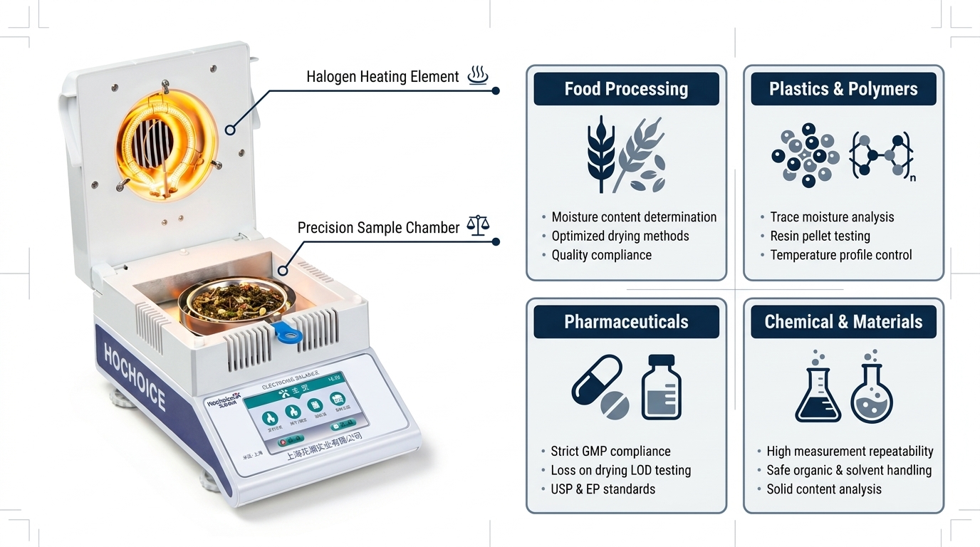 halogen moisture analyzer selection guide for food plastic pharma QC lab