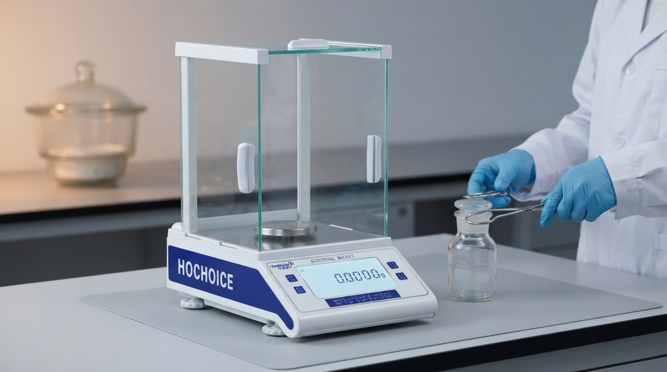 Laboratory analytical balance used to weigh a sample after temperature conditioning.