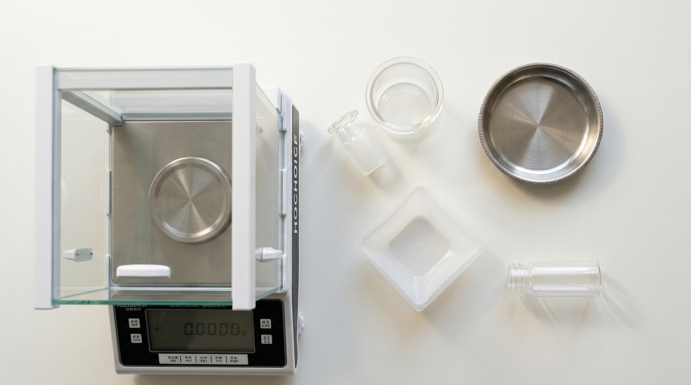 How to Choose the Right Weighing Container for a Precision Balance Laboratory weighing containers arranged beside a precision electronic balance