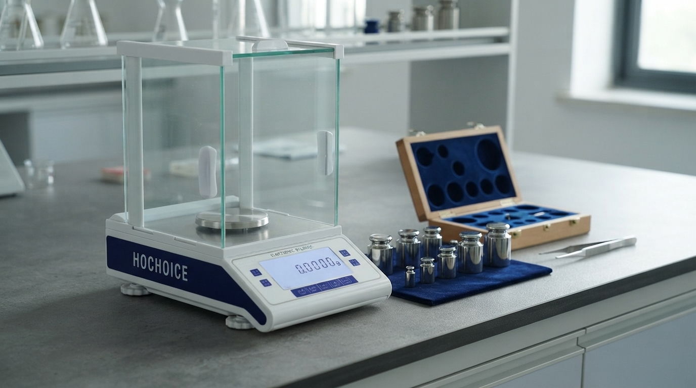 How to Choose the Right Calibration Weights for a Digital Balance Precision electronic balance and reference weights used for balance calibration